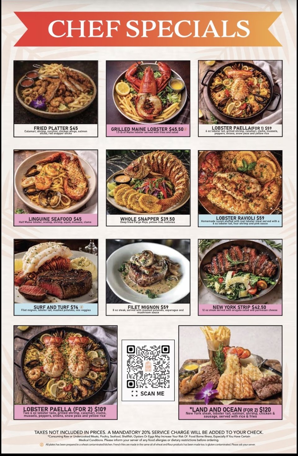 Seafood dishes listed on a cafe menu.